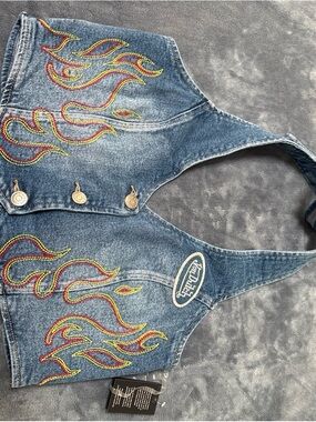 Von Dutch Denim Vest with Red & Yellow Flame Embroidery
